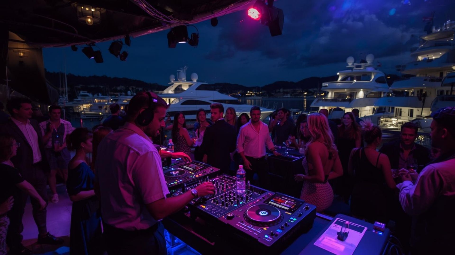 DJ event at a luxury marina with yachts at night