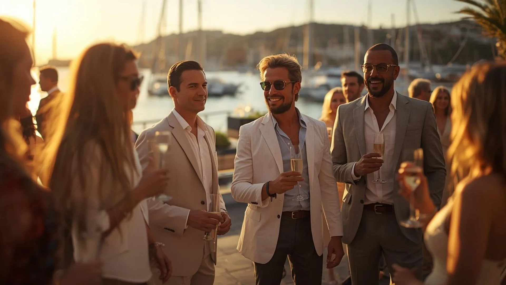 Elegant guests networking at sunset by a marina